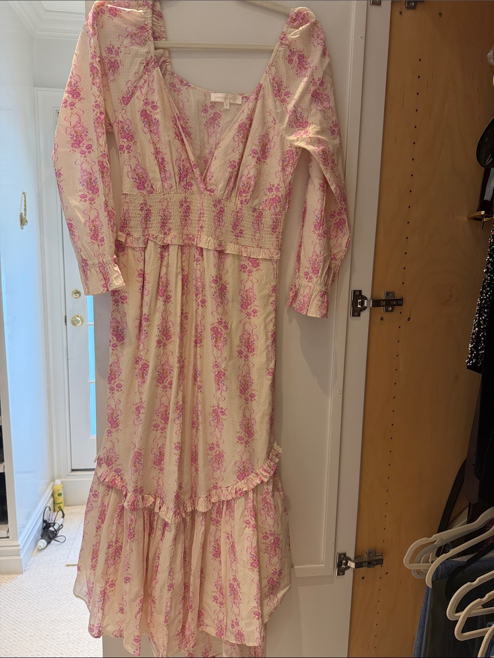 LoveShackFancy Cream and Pink Floral Midi Dress cotton